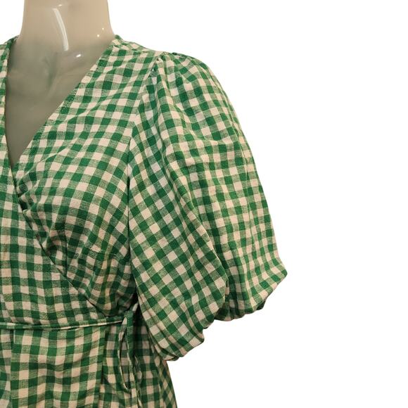 Old Navy Above The Knee Linen Waist-Defined Wrap Gingham Dress Green Medium - Picture 6 of 9